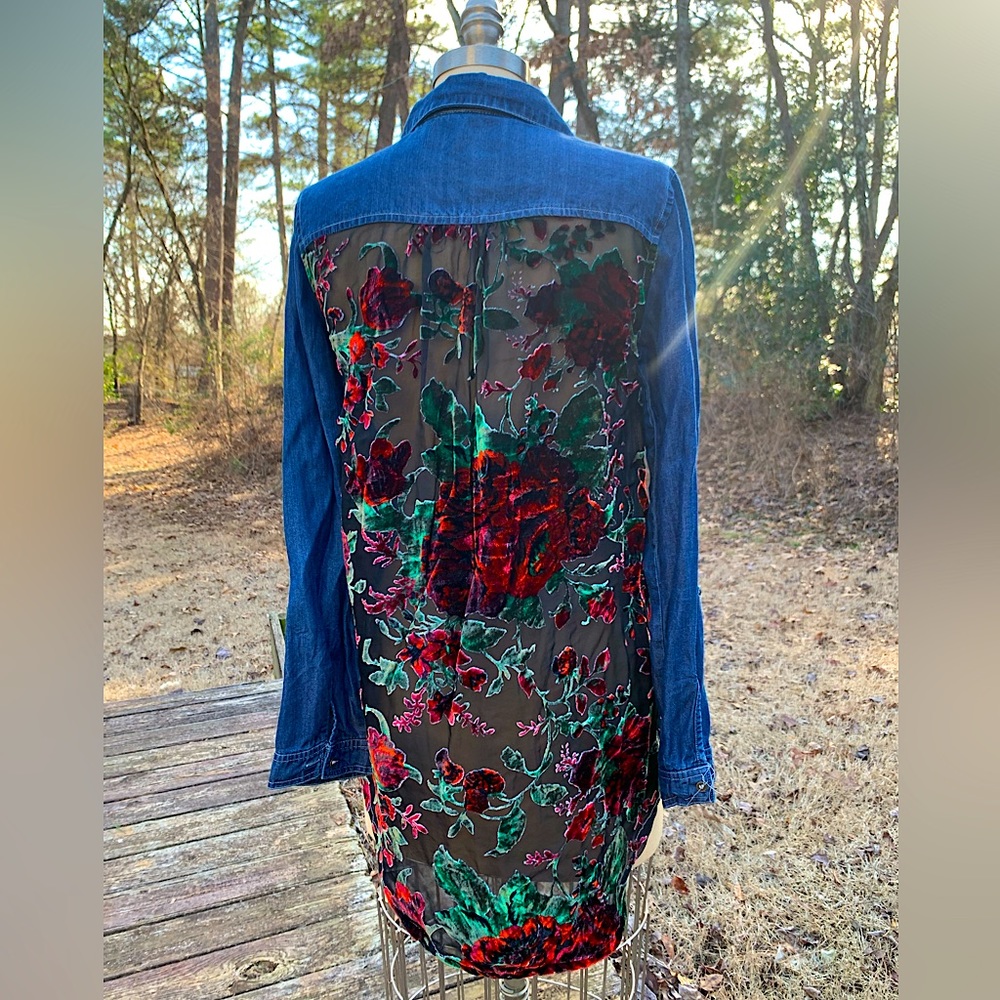 Floral Roses Burnout Velvet Denim Button-Up Shirt - Picture 1 of 14